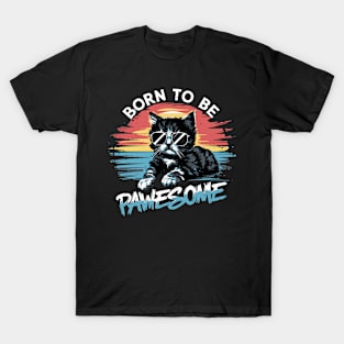 Retro Sunset Kitten Graphic Tee: 'Born to be Pawesome' - Adorable Cat Design with Vintage Vibes T-Shirt